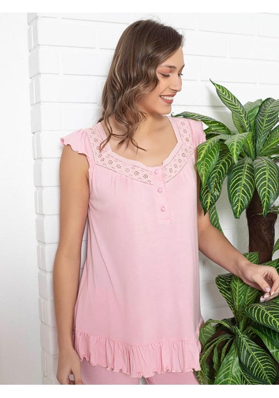Limissi İmissi Ohusa V Yaka Fırfırlı Pijama Takımı - Pembe L / Xxl