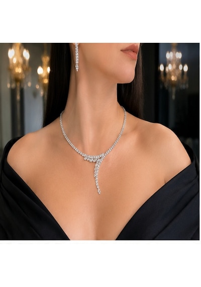 Luna Zarafet Kadın Taşlı Abiye Kolye Küpe Seti Gümüş Renk Y Model Işıltılı Takı Seti Renkli