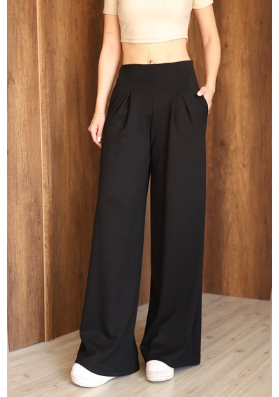 Ozy Fashion Kadın Modal Kumaş Yüksek Bel Pileli Geniş Paça Cepli Eşofman Altı Siyah