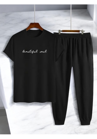 Uyguntarz Unisex Beatiful Soul Tasarım Basklı Tshirt Eşofman Takımı Siyah