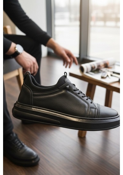 Enoch Hakiki Deri Lastikli Bilekli Erkek Sneaker Ortopedik Taban Siyah
