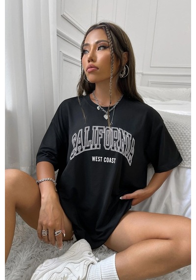 Unisex California West Coast Baskılı Tasarım Tshirt Siyah
