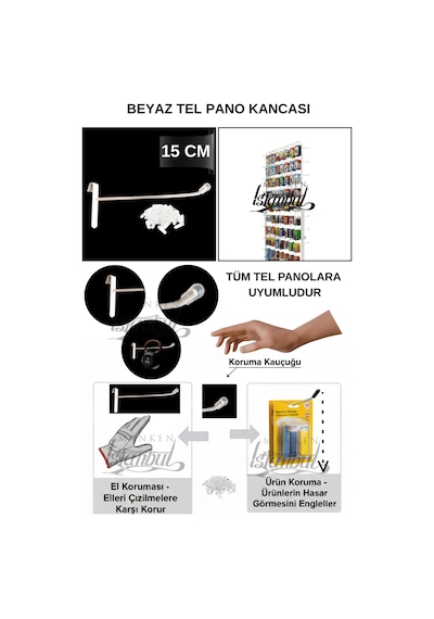 Tel Pano Kancası Koruma Kauçuklu Beyaz 15 Cm Deluxe Raf Askısı Ekstra Güçlü 25 Adet Beyaz