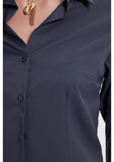 Tudors Kadın Slim Fit Dar Kesim Klasik Yaka Uzun Kollu Antrasit Gömlek-40358 Antrasit