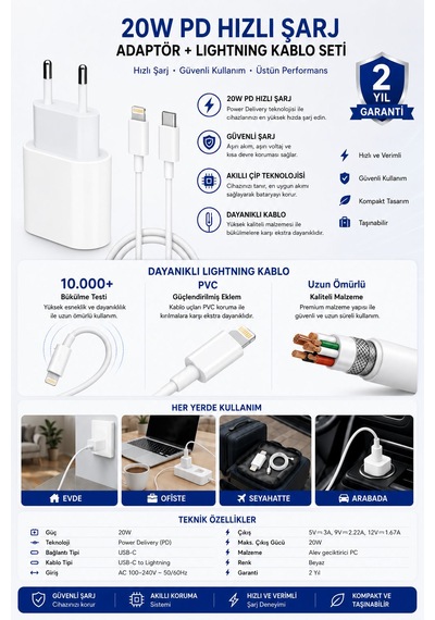 20w Usb-c Pd Hızlı Şarj Adaptörü + Lightning Şarj Kablosu İphone Uyumlu Hızlı Şarj Seti 20W Adaptör+1M Kablo