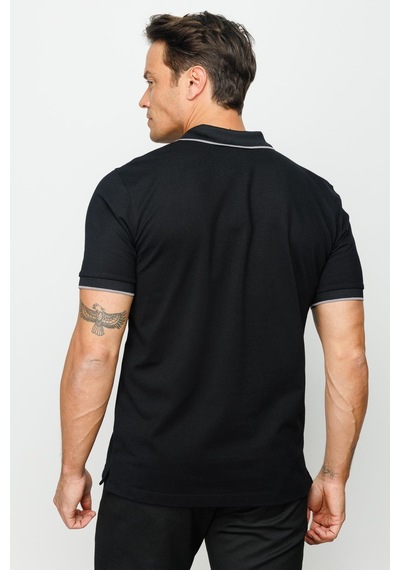 Erkek Fermuarlı Polo Yaka T-shirt Siyah Siyah