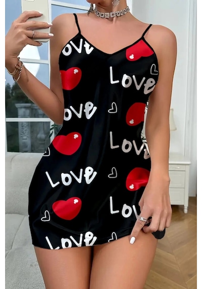 Yenisinial Love Desenli Siyah Saten Gecelik Siyah