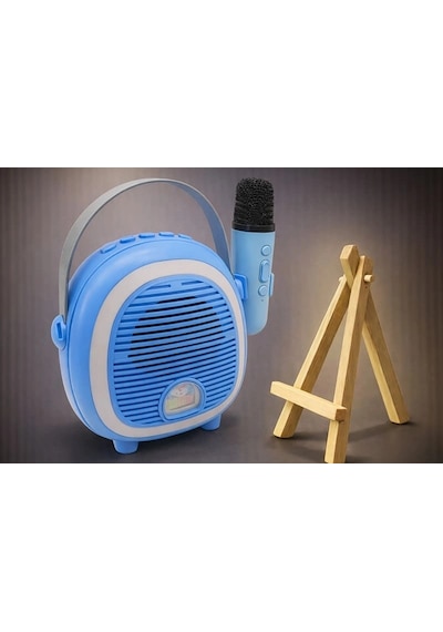 Çocuklara Özel Retro Tasarımlı Bluetooth Karaoke Mikrofon Ve Ahşap Tripodlu Mavi