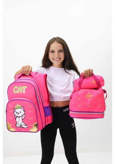 Kız Çocuk Cat Temalı 3'li Okul Ve Beslenme Çantası Seti Pembe & Sevimli Kedi Desenli Yeni Sezon Pembe