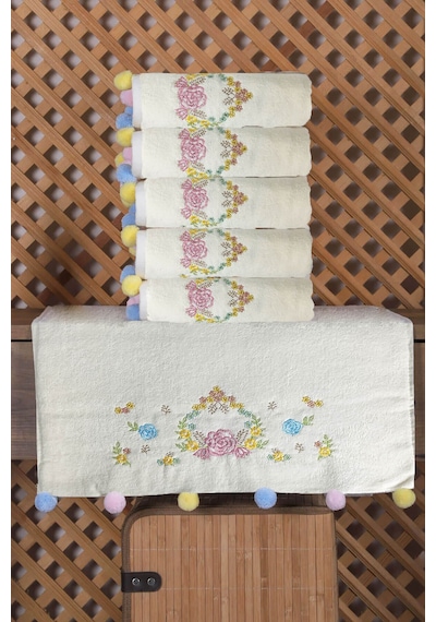 Çeyizlik 6'lı Renkli Ponponlu Çiçek Nakışlı El Yüz Havlusu Seti 50x90 Cm Krem