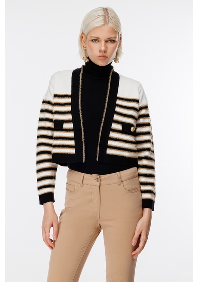 On Kadın Crop Hırka - Minimalist Çizgili Uzun Kol - Günlük Şıklık Ekru