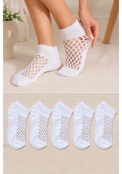 Hitit Socks Kadın 5 Çift Premium Kalite File Tasarım Bilek Çorabı Beyaz
