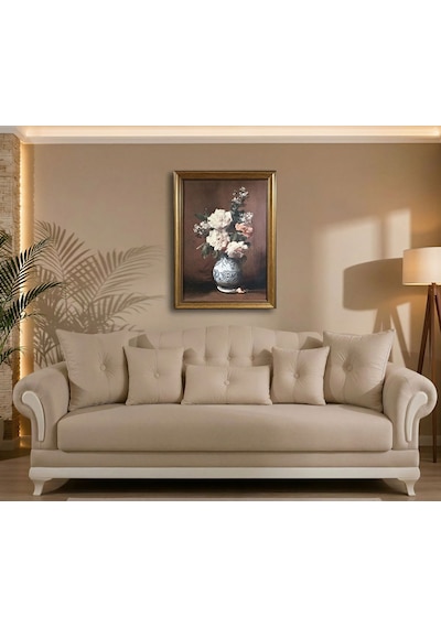 Klasik Gold Çerçeveli Çini Vazoda Şakayık Çiçekleri Tablo Lüks Salon Duvar Dekoru 60x80 Cm