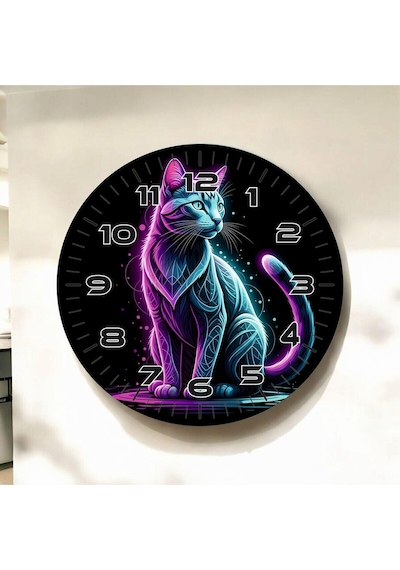 AA Shop Mavi Mor Kedi Renkli Baskı Hayvan Desenli Sayılı Hediyelik Ahşap Sessiz Duvar Saati 50cm ÇOk Renkli