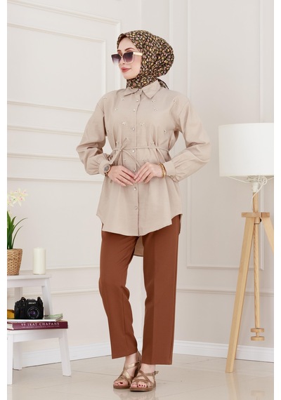Sevitli Monako Yaka Taşlı Tunik-vizon-4962 Vizon