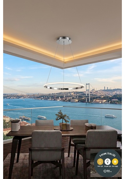 Tekli Halka Krom Led Sarkıt Avize 3 Renkli Modern Salon & Antre Aydınlatma