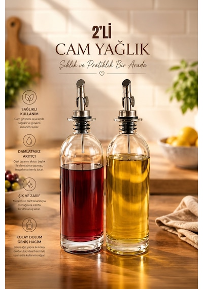 Porsima 3890-1 Gümüş Sızdırmaz Kapaklı Cam 2 Li Yağlık Sirkelik Yağdanlık Seti 500+500 Ml Şeffaf- Gümüş