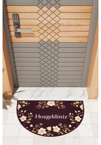 Rugmood Modern Dijital Paspas Bordo Çiçekli Yarım Ay Paspas - Kapı Önü Paspası