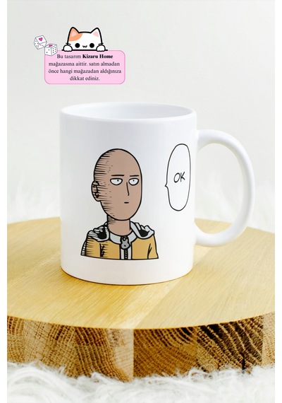 One Punch Man - Saitama Ok Anime Tasarım Baskılı Porselen Kupa Bardak Beyaz