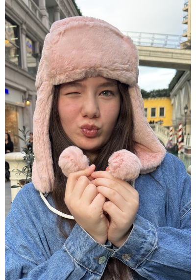 Mollycrush Genç Pembe Peluş Ponponlu Pilot Şapka Uniseks Kışlık Ushanka Tarzı Pembe