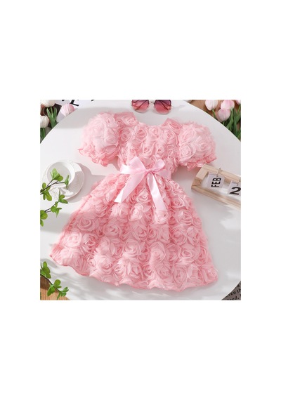 Lilymoon Kız Çocuk Üç Boyutlu Güllü Midi Elbise Fiyonk Detaylı Pembe