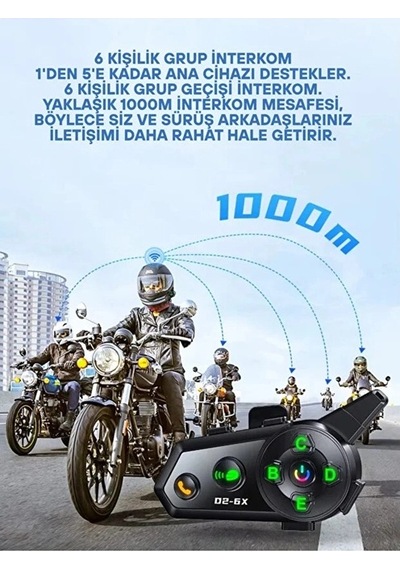 D2-6x 1000m Mesafeli 6 Kanallı İntercom Bluetooth Motosiklet Kask Kulaklığı İntercom Kulaklık