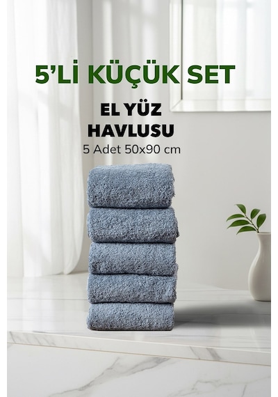 5 Li Kareli Mavi Renk Yumuşak Pamuk El Yüz Havlusu Seti 50x90 Cm