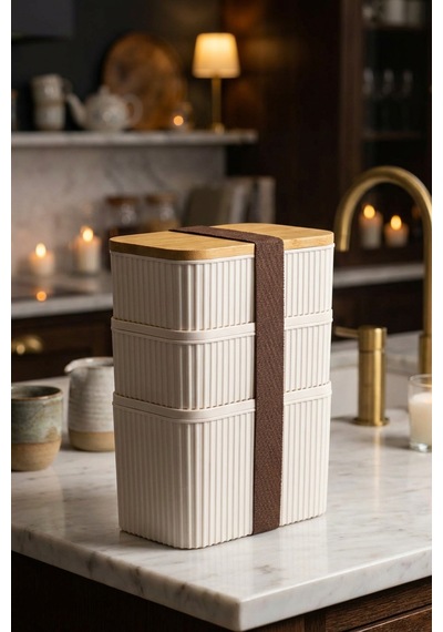 Makri Home 3'lü Bambu Kapaklı Saklama Kabı Seti 1l + 0,5l + 0,5l, Üst Üste Yerleştirilebilir, 21 Cm Yükseklik Krem