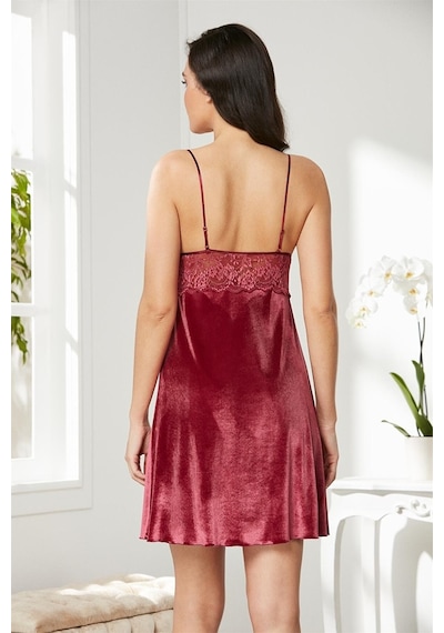 Pierre Cardin 845 Kadın İp Askılı Kadife Saten Gecelik-bordo Bordo