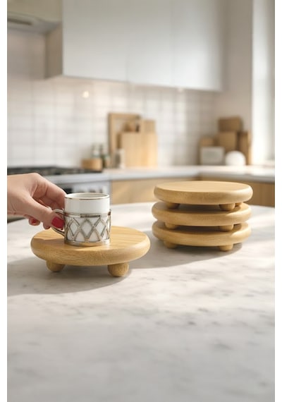 6'lı Doğal Bambu Mini Top Ayaklı Sunumluk Bardak Altı , Kahvaltılık Ve Sunum Standı D