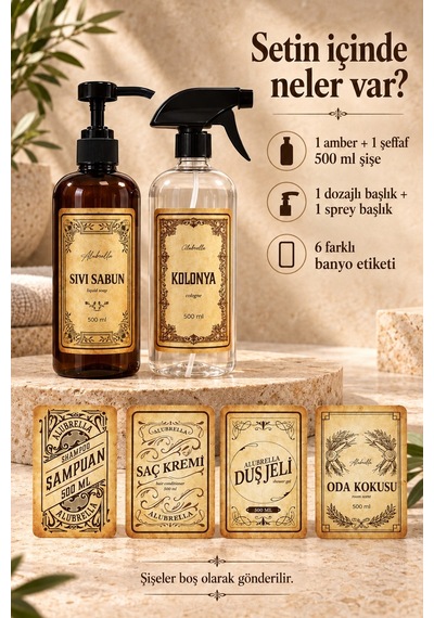 Alubrella 500 Ml Amber Pompalı Ve Şeffaf Sprey Boş Şişe 2 Li Set Ve Banyo Etiketleri