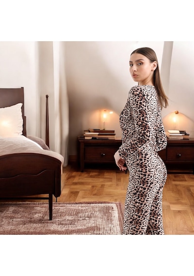 Kadın Giyim Kahve Leopar Desen Düğmeli Tulum - Pamuklu Örme Ev Giyim - Pijama Kahve Leopar Çok Renkli