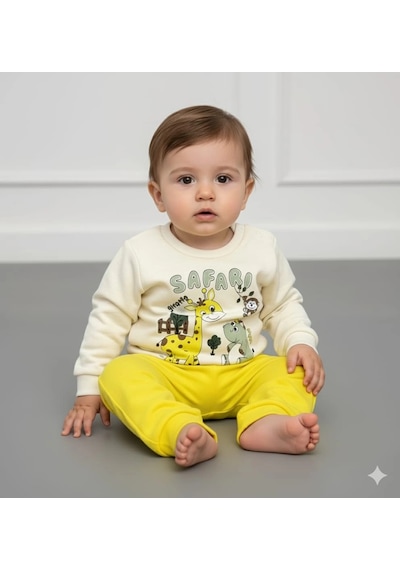 Poppy Trend Erkek Bebek Safari Baskılı Alt Üst İkili Gündelik Takım Sari
