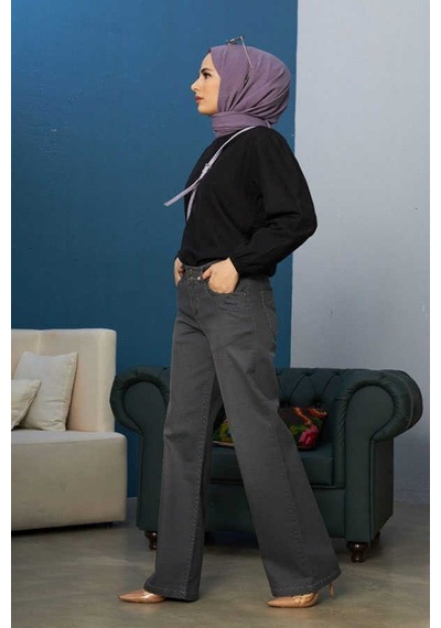 1056-Bol Paça Pantolon Koyu Gri Çok Renkli