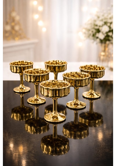 6 Lı Gold Kaplama Cam Ayaklı Kahve Yanı Lokumluk Kahvaltılık Kase Sunumluk 50ml Gold