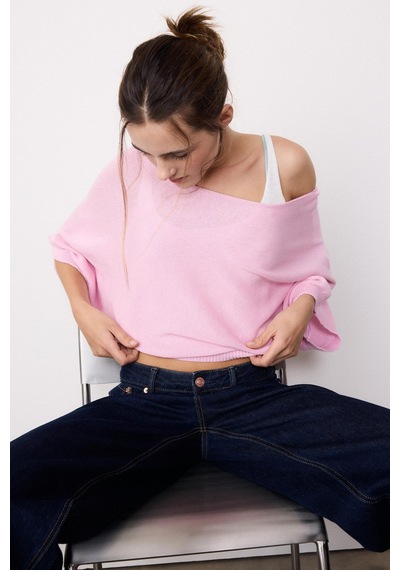 Madmext Pembe Geniş Yaka Çift Katlı Triko Kazak Mg2780