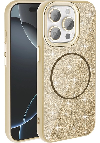 Apple Uyumlu iPad iPhone 15 Pro Kılıf M-safe Şarj Özellikli Parlayan Simli Zore Okso Kapak Gold