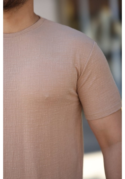 Erkek Ağaç Kabuğu Desenli Kısa Kollu T-shirt Bej