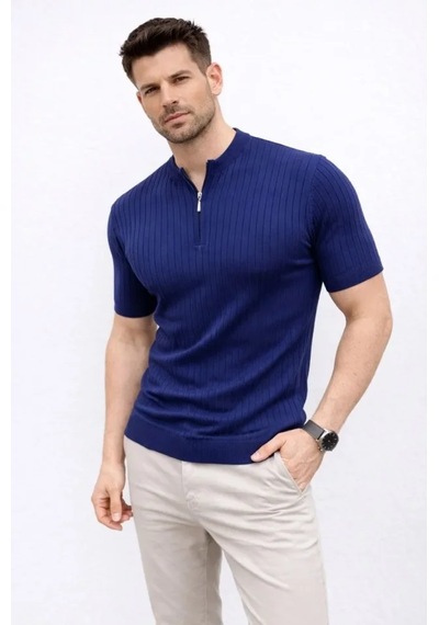Etiler Collection Erkek Kısa Kol Fitilli Triko T-shirt Yazlık Hakim Yaka Tişört - Lacivert