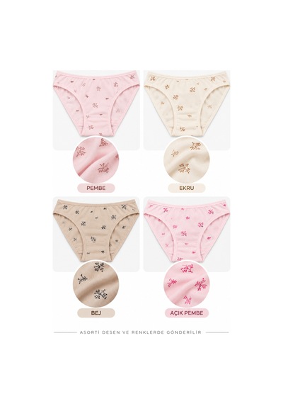 Westicgiyim Kadın Çiçekli Likralı Bikini Külot 4'lü Paket %100 Pamuk Yumuşak Rahat Asorti Desenli M L Xl çok Renkli
