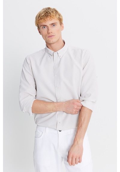 AC&Co / Altınyıldız Classics Erkek Bej Tailored Slim Fit Dar Kesim Düğmeli Yaka Gofre Desenli Gömlek Bej