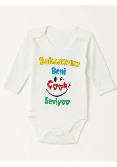 Zekids Bebek Babaannem Beni Çok Seviyor Yazılı Pamuklu Uzun Kol Çıtçıtlı Body-16095 Ekru