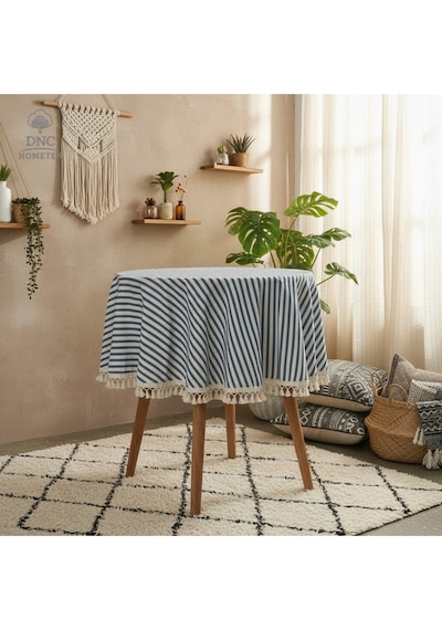 Dnc Home Tekstil Lacivert Çizgili Keten Yuvarlak Ham Ponponlu Masa Örtüsü Lacivert