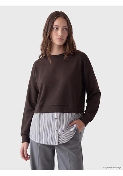 Lcw Modest Kahverengi Soft Touch Çizgili Kadın Sweatshirt Tunik
