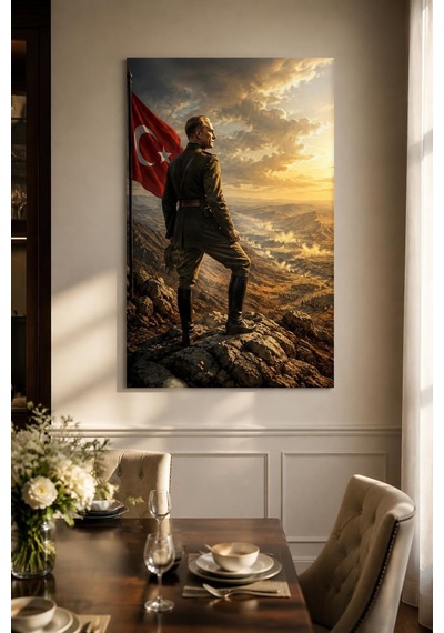 Atatürk Temalı Baskılı Cam Tablo Türk Bayrağı Manzara Dekorasyonu