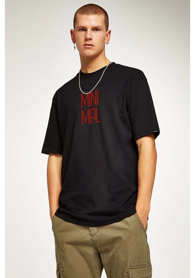 Oversize Minimal Baskılı Siyah Tshirt Nrage107 Siyah