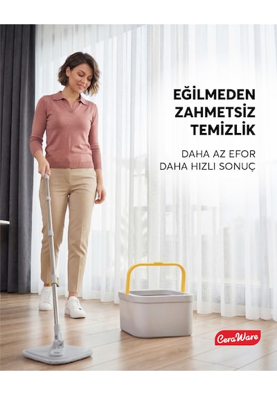 Home Care Dual System Kare Mop Seti Temiz Kirli Su Ayrı Hazneli 2 Adet İz Bırakmayan Mikrofiber Bez