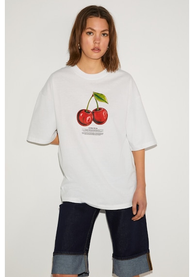 Grımelange Odalys Kadın %100 Organik Pamuklu Oversize Fit Bol Kesim Kiraz Baskılı Bisiklet Yaka Beyaz T-shirt