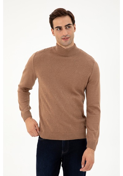 U.S. Polo Assn. Erkek Slim Fit Yarım Balıkçı Yaka Camel Melanj Kazak 50297038-VR122
