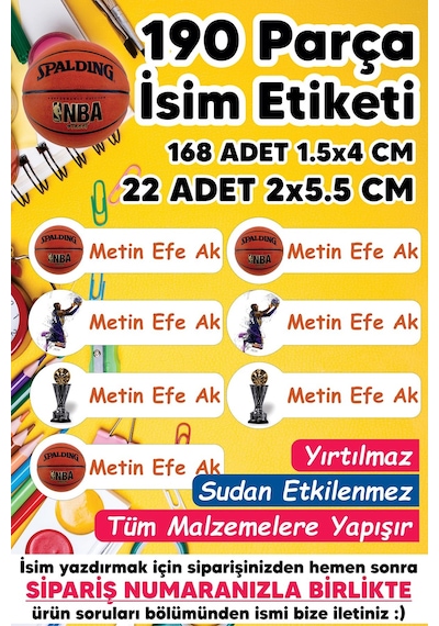 Okul Etiketi Kalem Defter Etiketi Basketbol Temalı Isim Yazılabilen Etiket - 190 Adet